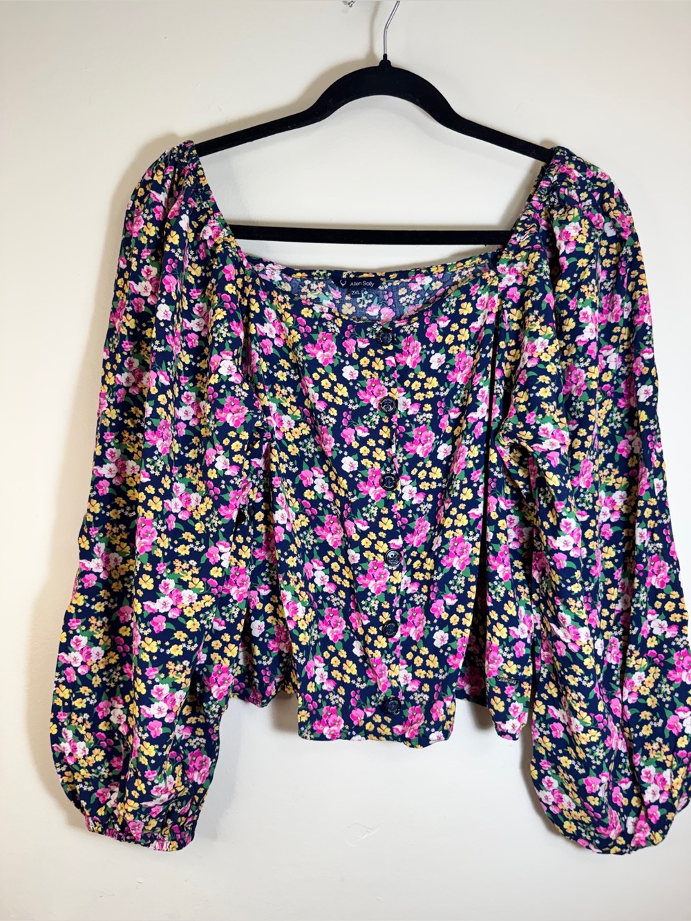 Allen Solly Navy Floral Off-Shoulder Puff Sleeve Top with Pink & Yellow Blooms